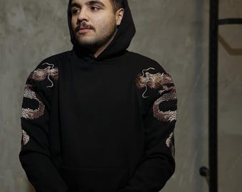 Black Dragon embroidery Unisex Hoodie - Streetwear hoodie - japanese hoodie - pullover hoodie - Dragon Sleeve hoodie - Gift Ideas