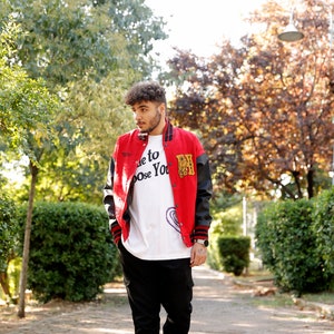 Red Unisex Collage Jacket - Embroidery  Red  and Black Leather Sleeve Jacket - Baseball Jacket - Varsity Jacket - Bomber Jacket - Streetwear