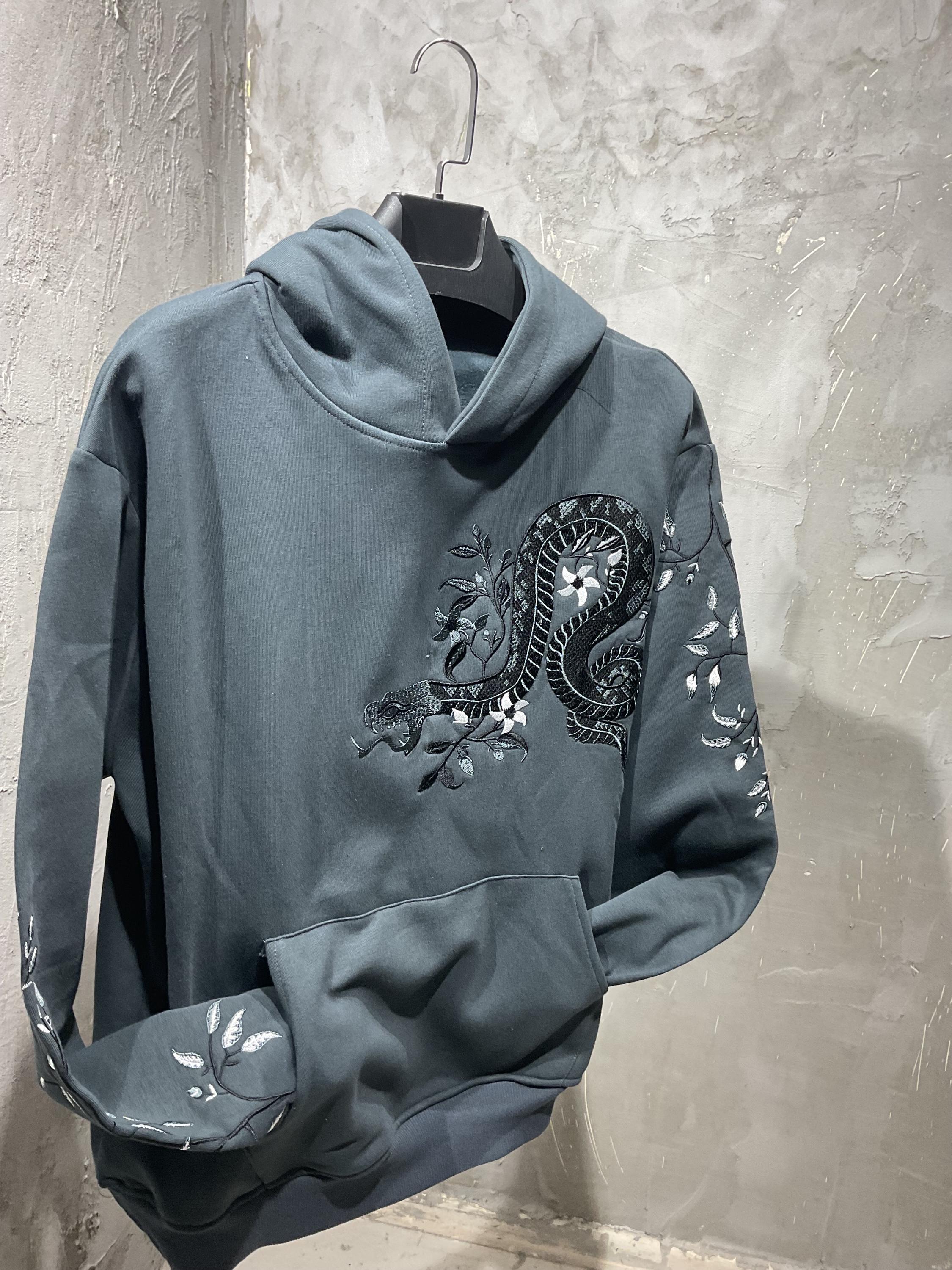 Unisex Snake Embroidery Detailed Gray Hoodie - Custom Design