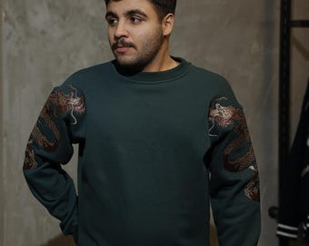 Dragon Embroidered Unisex Sweatshirt - Streetwear Style Oversized Sweatshirt - Winter Pullover Cosy Pullover Sweater