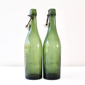 Set of 2 Antique green beer bottle with porcelain clip closure/ Antique green embossed glass bottle with porcelain cap