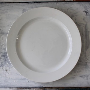 Op de afbeelding: Een eenvoudig, rond wit dinerbord met een gladde, glanzende afwerking en een brede, platte rand. Het bord heeft een simpel, strak ontwerp zonder patronen, texturen of decoratieve elementen en is uitgevoerd in een egale, effen witte kleur.