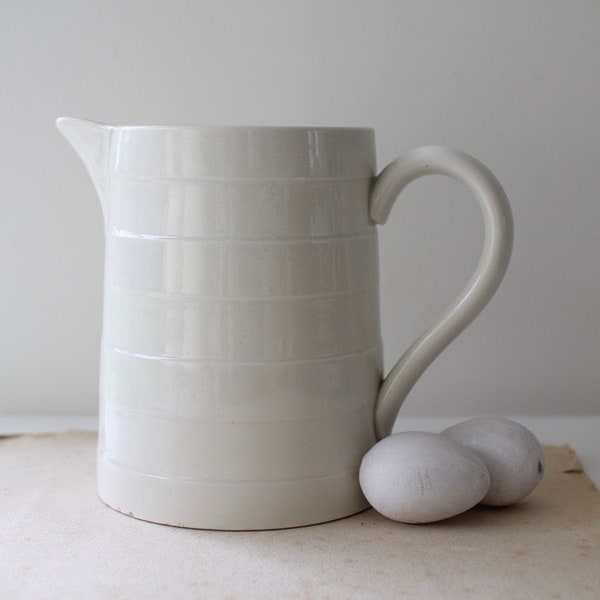 Vintage ironstone banded jug, Antique ribbed ceramic pitcher, French Farmhouse decor
