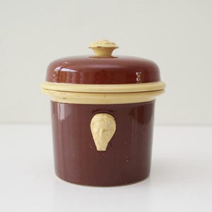 May include: A vintage brown ceramic jar with a lid. The jar has a light beige rim and a decorative beige emblem on the front. The lid is topped with a small beige finial. The jar is likely used for storage.