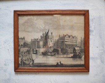 Vintage Print gerahmt, Vintage Holzrahmen, Holland City Landschaft Print,