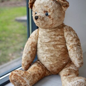 Peut inclure: Un grand ours en peluche brun clair avec des yeux noirs et un nez noir est assis sur un sol carrel&eacute; blanc. L'ours regarde vers la gauche de l'image.