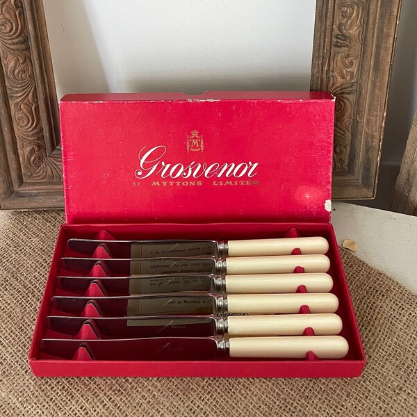 Vintage Bone-Handled Knives in Original Box (6 x Sheffield Knives; Grosvenor Table Knives, English Tableware, 1950s Farmhouse Kitchen)