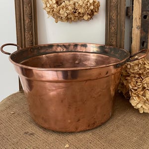Vintage Copper Jam Pan with Twin Handles (French Copper Kitchen Décor; Large Country Farmhouse Kitchen Cauldron; Copper Planter)