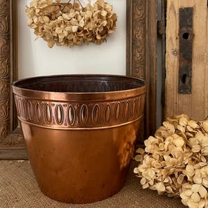 May include: A copper-colored planter with an embossed design around the top. The planter sits in front of a wooden framed picture with dried flowers inside. A wooden door is in the background.