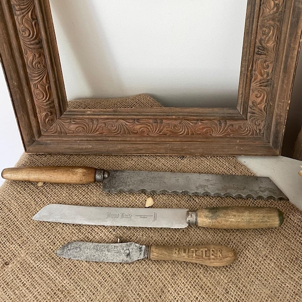Antique Bread & Butter Knife Set: 1850s-1930s Carved Wood Handles