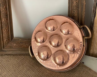 Vintage Copper Escargot Pan, Poffertjes Pan, Egg Pan with Brass Handles (early 1900s; French Farmhouse Kitchen Décor; Copper Wall Decor)