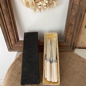 May include: A collection of vintage butter knives with cream handles and serrated blades, presented in a box with a gold interior. A black box with a spiderweb design is next to the knife box. The background features a wooden frame and dried flowers.
