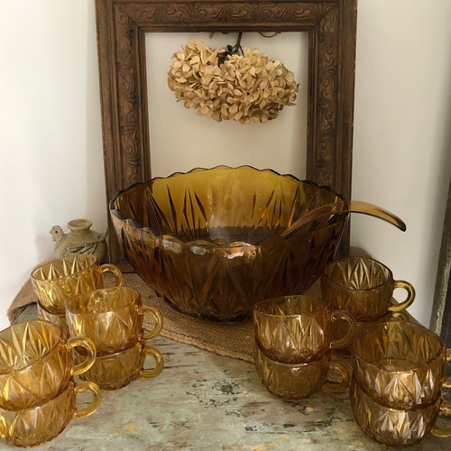 Vintage Amber Glass Punch Bowl, Ladle and 12 glasses (Hazel Atlas
