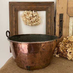 Vintage Copper Jam Pan Cauldron (Large Pot, Twin Handles; Indoor Outdoor Planter; Farmhouse Kitchen Décor)