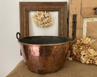 Vintage koperen jamketel (grote pot, dubbele handvatten; plantenbak voor binnen en buiten; landelijke keukendecoratie)