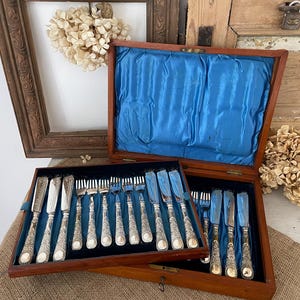 Juego de cubiertos antiguos de plata Sheffield (para 12 personas, principios del siglo XX)