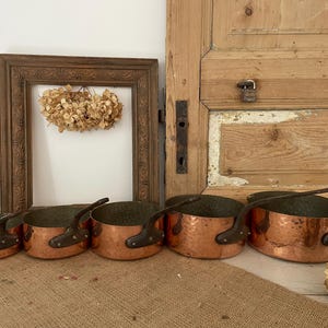 Vintage French Copper Saucepans, Graduated Set of 5 (Made in France, Hand Hammered, Tin Lined, Iron Handles)