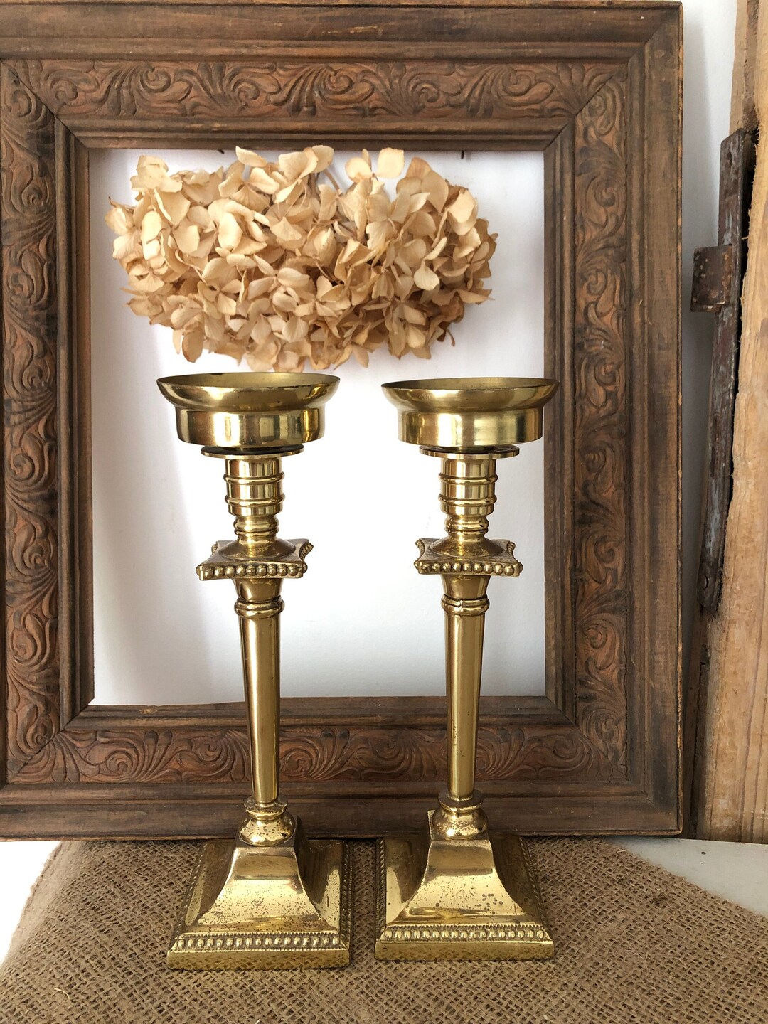 Vintage Brass Candlesticks With Beaded Edging and Removable Drip Trays