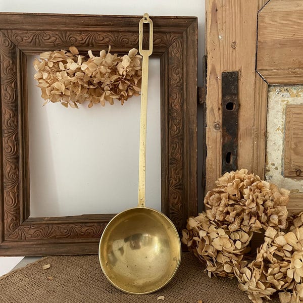 Vintage Brass Ladle with Hanging Hook (Large Spoon; Rustic Farmhouse Utensils, Brass Country Kitchenware, Antique Wall Décor)