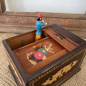 Antique Wooden Cigarette Dispenser with Handmade Manservant, Mount Fuji Landscape; Made in Japan, Meiji Era (1868-1912) and Timber Inlay