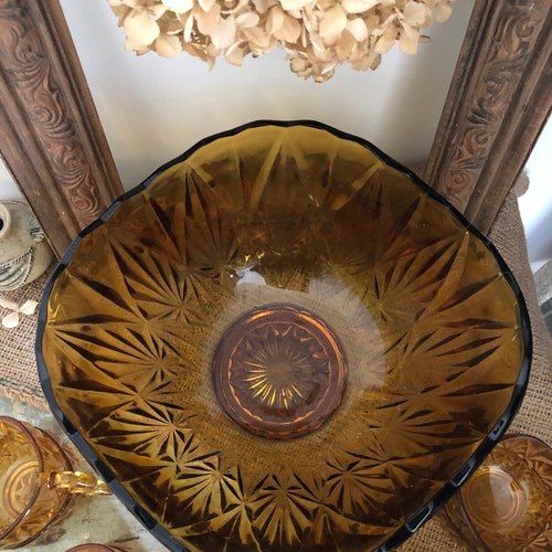 Vintage Amber Glass Punch Bowl, Ladle and 12 glasses (Hazel Atlas