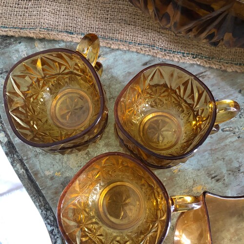 Vintage Amber Glass Punch Bowl, Ladle and 12 glasses (Hazel Atlas