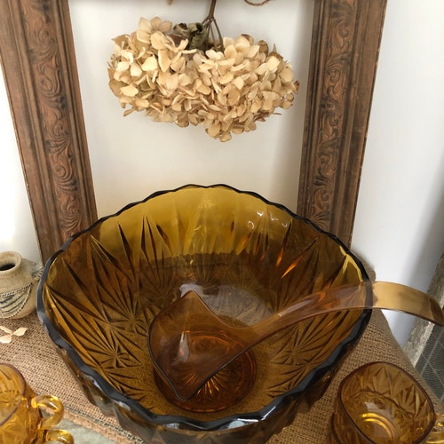 Vintage Amber Glass Punch Bowl, Ladle and 12 glasses (Hazel Atlas