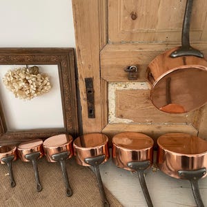 Vintage French Copper Saucepans, Graduated Set of 7 (Unlined, Wrought Iron Handles, Rustic Country Farmhouse Kitchenware)