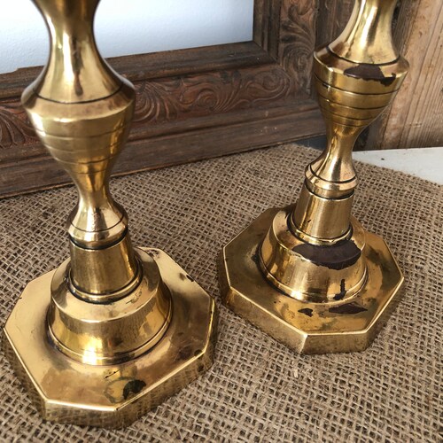 Vintage Brass Candlesticks, Heavy Pair (Early 1900s, Brass Plated buying Copper, Rustic Vintage Farmhouse Décor)