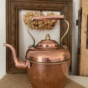 Antique Moroccan Copper Kettle / Teapot with Brass Finial and Gooseneck Spout (Hazaz Freres Fes; circa 1860-1900; Copper Kitchen Décor)