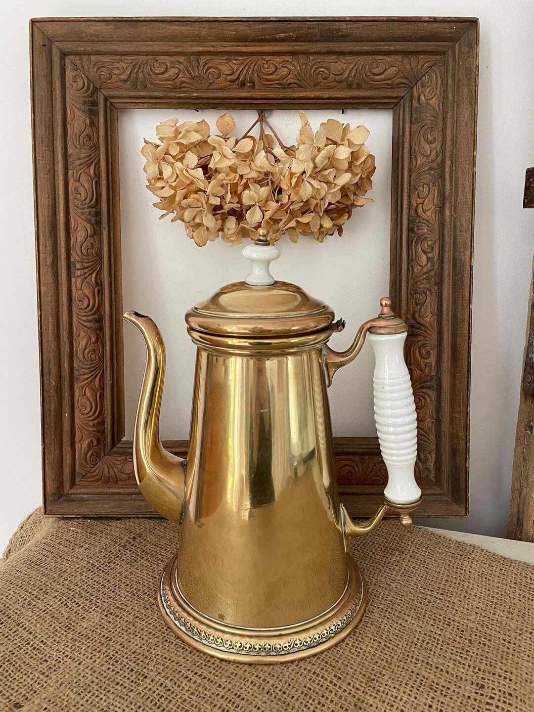Vintage Brass Coffee Pot / Stovetop Kettle With Porcelain Handles ...