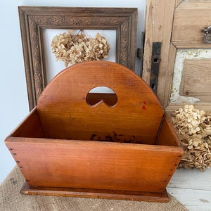 Antique Timber Cutlery Tray with Handle (Vintage Farmhouse Kitchen Décor, Country Kitchen; Utensil Holder, Desk Organiser, Garden Trug)