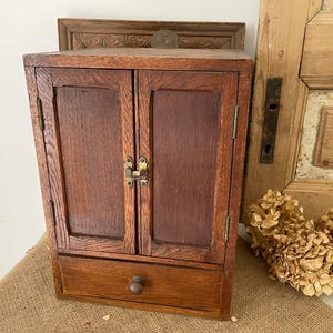 Antique Oak Wall Cabinet: Apothecary Storage, Brass Fittings, Tobacco Cabinet; Farmhouse Décor