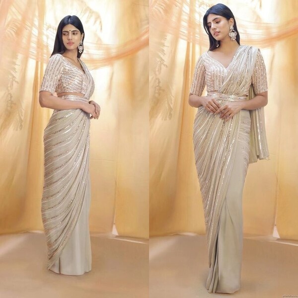Cream And Golden Combination Designer Georgette Saree With Sequence Work/Partywear Saree/Wedding Saree/Saree For Occasion/Saree For Wedding