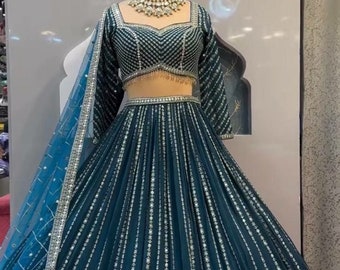 Robe bleue pour une occasion parfaite avec broderie en georgette/Robes de mariée indiennes/Lehenga choli/Lehenga choli bleu