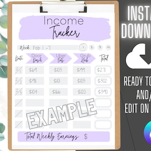 Pode incluir: Um rastreador de renda imprimível com um fundo roxo. O rastreador é dividido em colunas para data, Door Dash, Uber Eats, Grub Hub e total. O rastreador é rotulado como "Rastreador de renda" e "Ganhos semanais totais".