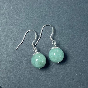 Genuine Jade Earrings Jewelry Women, Natural Green Feicui 925 Sterling Silver Dangle Drop Earrings Ear Piece, Real Round Beaded, Minimalist