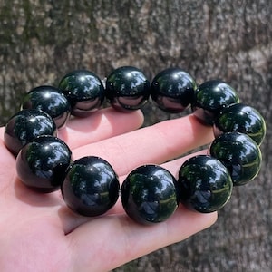 Genuine Black Jade Beads Bracelet, Vintage Chinese Stone Bangle, Type A Jadeite Homme Jewelry, Elastic Adjustable Size Gift for Men Women