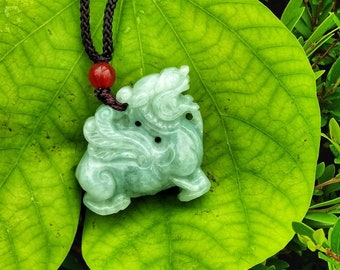 Real Green Jade Pixiu Piyao Pendant Necklace, 3D Mystery Creatures Carving Charm for Protection Safe Blessing, Grade A Jadeite, Men Women