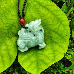 Real Green Jade Pixiu Piyao Pendant Necklace, 3D Mystery Creatures Carving Charm for Protection Safe Blessing, Grade A Jadeite, Men Women