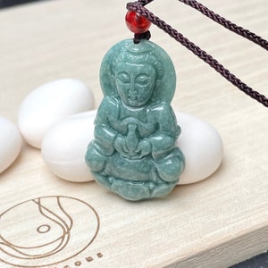 Real Jade Guanyin Necklace, Genuine Green Jadeite Guan Yin Pendant Charm, Natural Chinese Feicui Goddess of Mercy Protection Amulet, Women