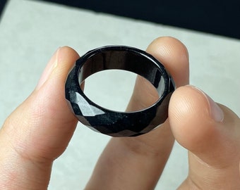 Real Fine Black Jade Ring Men, Genuine Facet Stacking Ring Band, Untreated Chinese Protection Feicui Jewelry, Plain Bague Cool Gift, Women