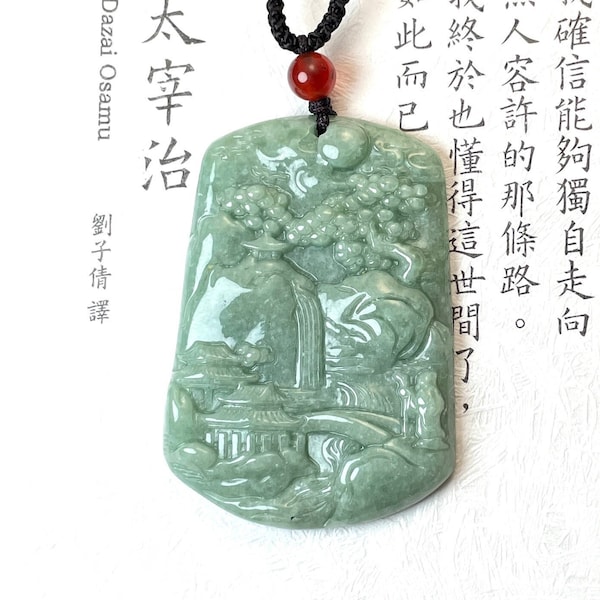 Authentische Grüne Jade Malerei Szene Halskette, Chinesische Carving Charm Anhänger Schmuck, Handgefertigte Baum Berg Fluss Jadeit, Frauen Männer Geschenk