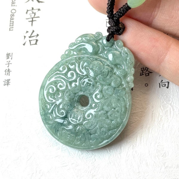 Authentique collier en jade vert pâle, pendentif sculpté avec motif chinois double bénédiction, statue porte-bonheur pixiu chauve-souris, cadeau de protection