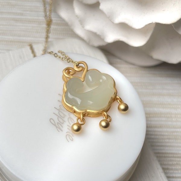 Real Hetian Jade Ruyi Ryuyi Necklace, Chinese Traditional Lucky Pendant, 925 Sterling Silver Plated Gold Chain, Blessing Nephrite Women Gift