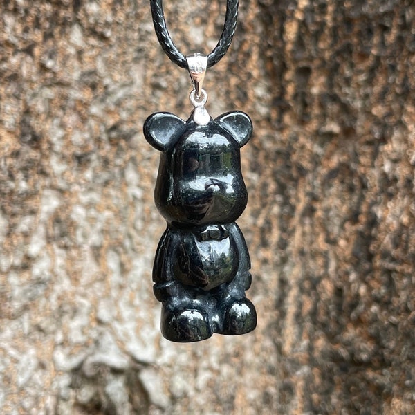 Real Black Jade Bear Necklace, Cute Animal Pendant, Leather Rope Charm, Protection Lucky Blessing Amulet, Type A Jadeite Gift Men Women