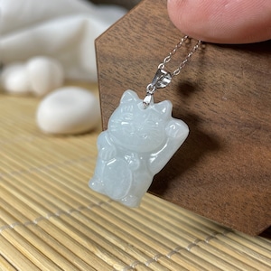 Jade Lucky Cat Charms, Japanese Waving Cat Cute Pendant Necklace, Carving Maneki Neko Amulet, Traditional Design Jewelry, Gift Women Girl