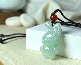 Year of the Rabbit 2023, Genuine Icy Green Jade Cute Bunny Charm Chinese Zodiac Pendant Necklace, Hare Chinese New Year Gift, Jewelry Girl