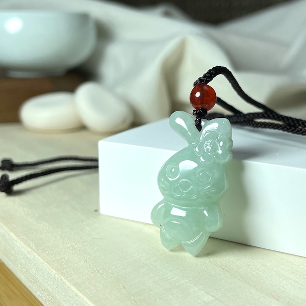 Year of the Rabbit 2023, Genuine Icy Green Jade Cute Bunny Charm Chinese Zodiac Pendant Necklace, Hare Chinese New Year Gift, Jewelry Girl