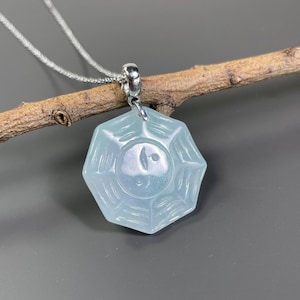 Real Jade Bagua Silver Necklace Pendant, Icy White Carving Jadeite Yin Yang Ba Gua Charm, Lucky Tai Chi Jewelry, Taoist Amulet, Women Gift